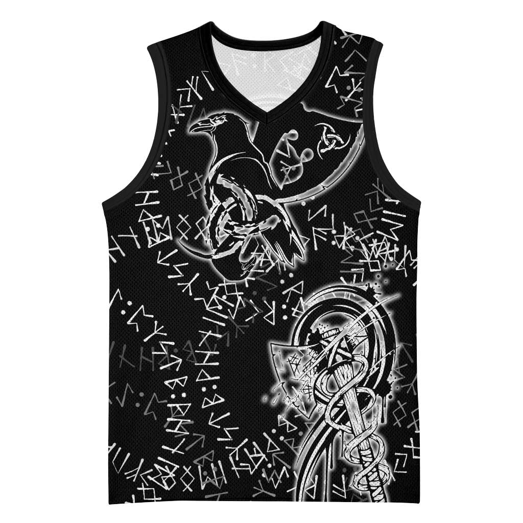 Norse Dragon and Viking Axe Basketball Jersey Monochrome Runic Line Art Illustration