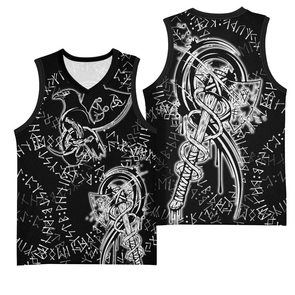 Norse Dragon and Viking Axe Basketball Jersey Monochrome Runic Line Art Illustration