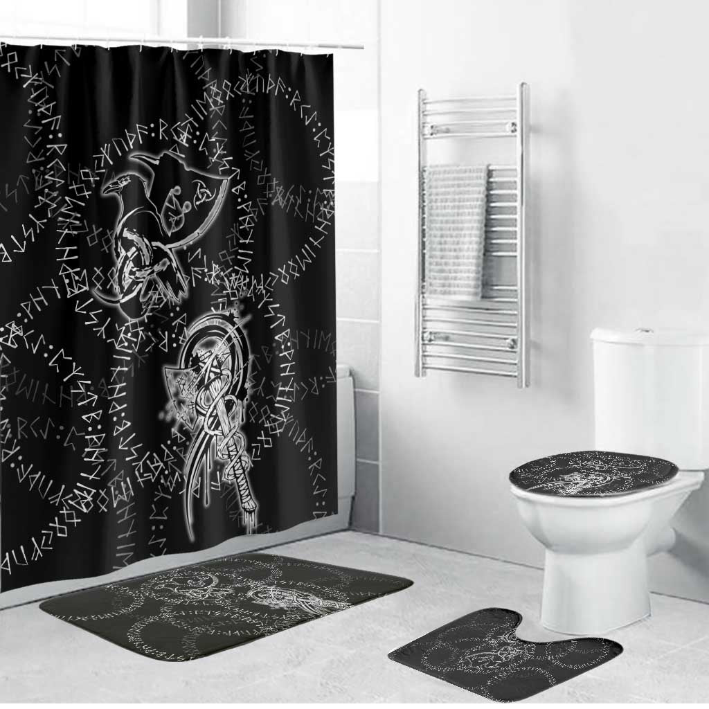 Norse Dragon and Viking Axe Bathroom Set Monochrome Runic Line Art Illustration