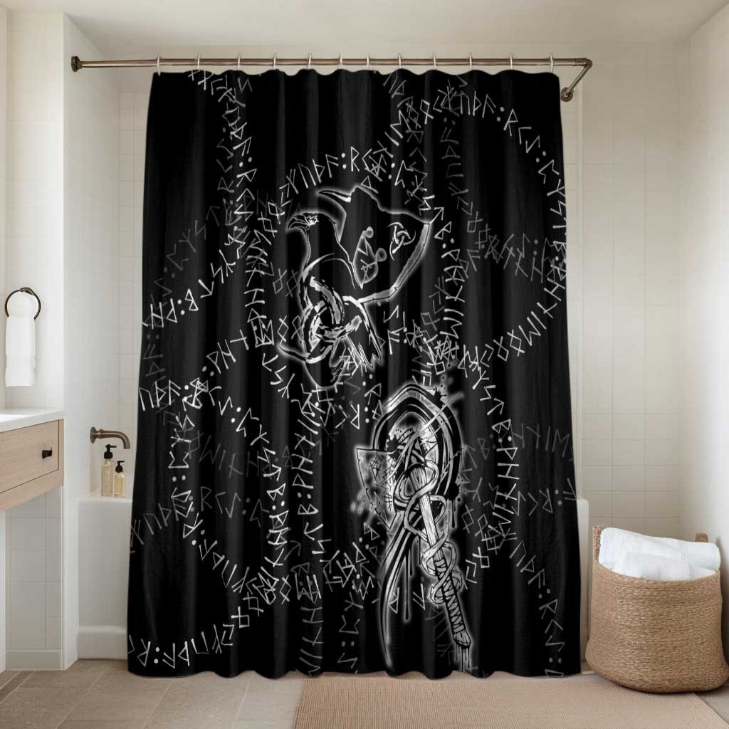 Norse Dragon and Viking Axe Bathroom Set Monochrome Runic Line Art Illustration