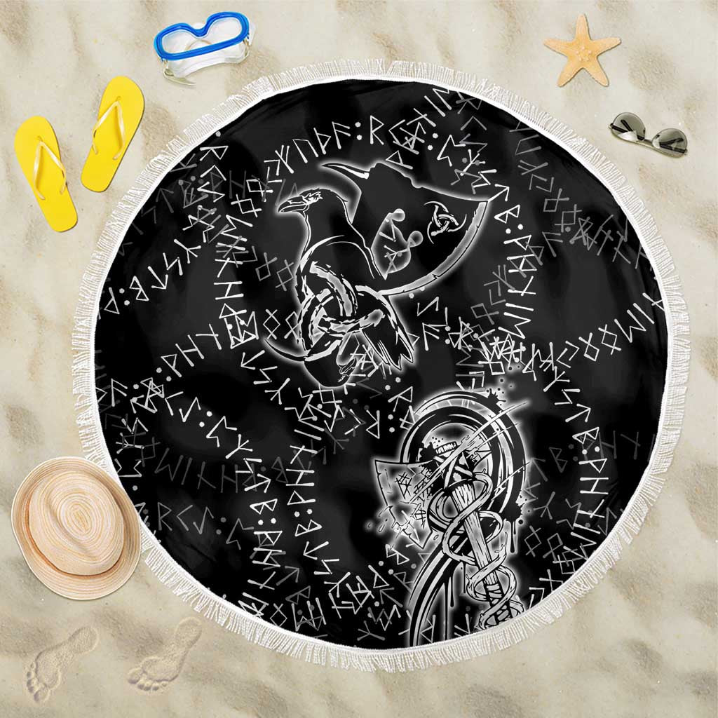 Norse Dragon and Viking Axe Beach Blanket Monochrome Runic Line Art Illustration