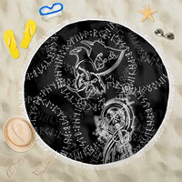 Norse Dragon and Viking Axe Beach Blanket Monochrome Runic Line Art Illustration