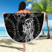 Norse Dragon and Viking Axe Beach Blanket Monochrome Runic Line Art Illustration