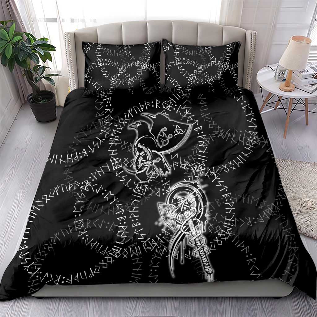 Norse Dragon and Viking Axe Bedding Set Monochrome Runic Line Art Illustration