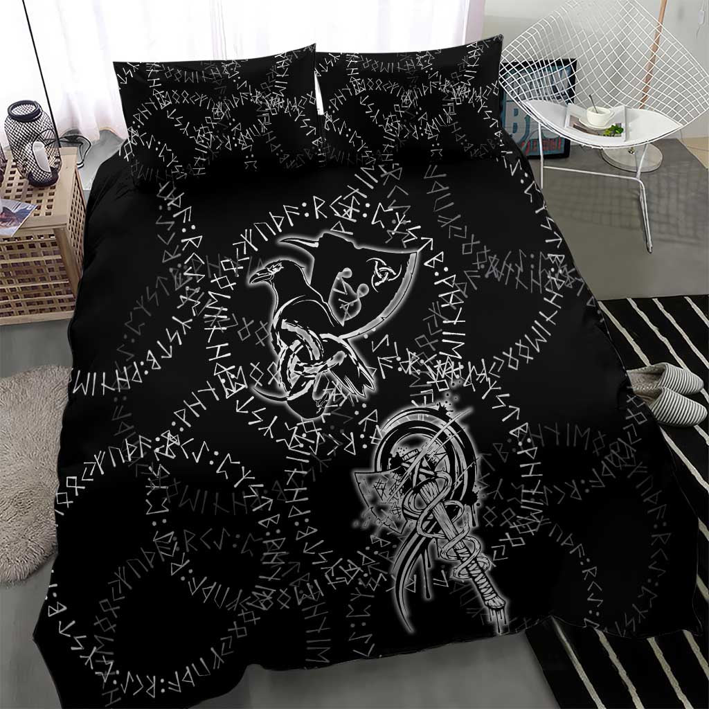 Norse Dragon and Viking Axe Bedding Set Monochrome Runic Line Art Illustration