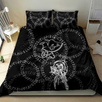 Norse Dragon and Viking Axe Bedding Set Monochrome Runic Line Art Illustration