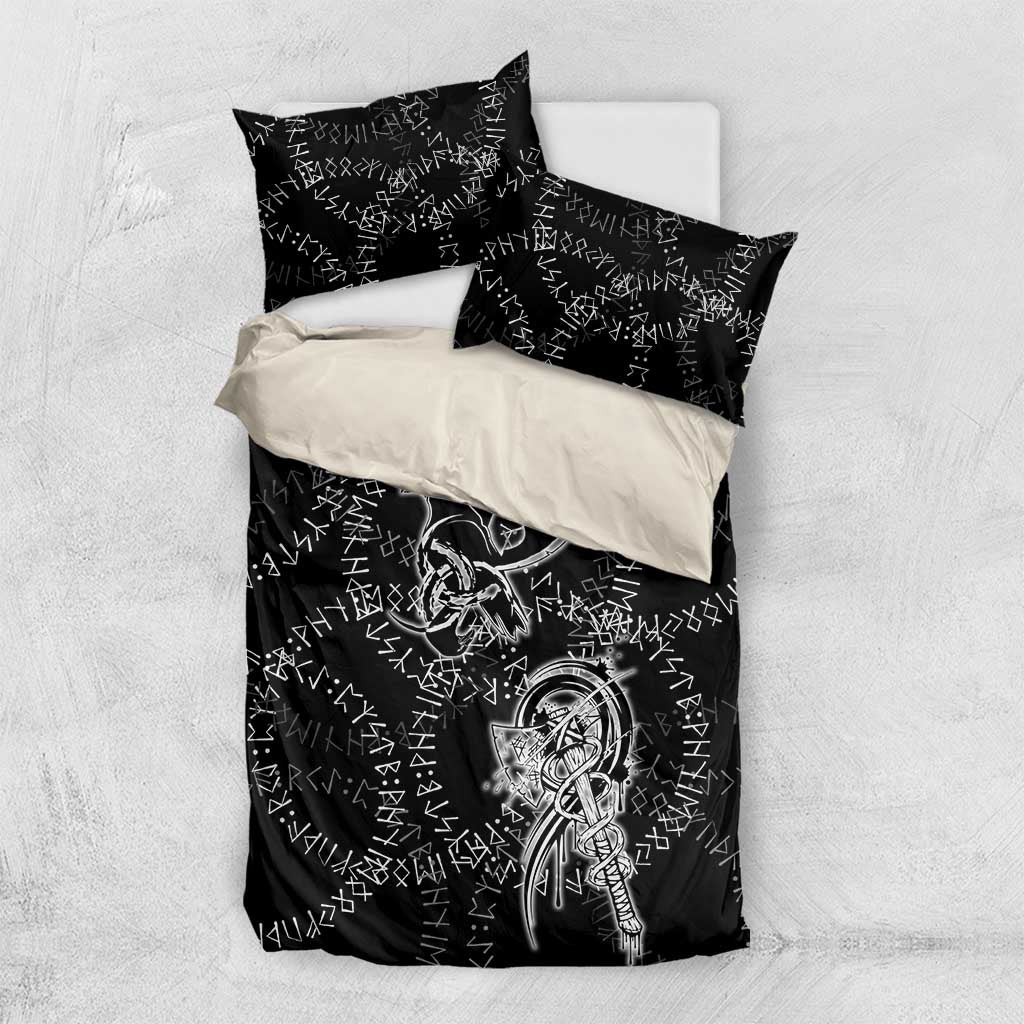 Norse Dragon and Viking Axe Bedding Set Monochrome Runic Line Art Illustration