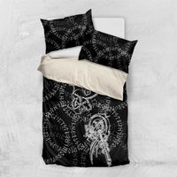 Norse Dragon and Viking Axe Bedding Set Monochrome Runic Line Art Illustration