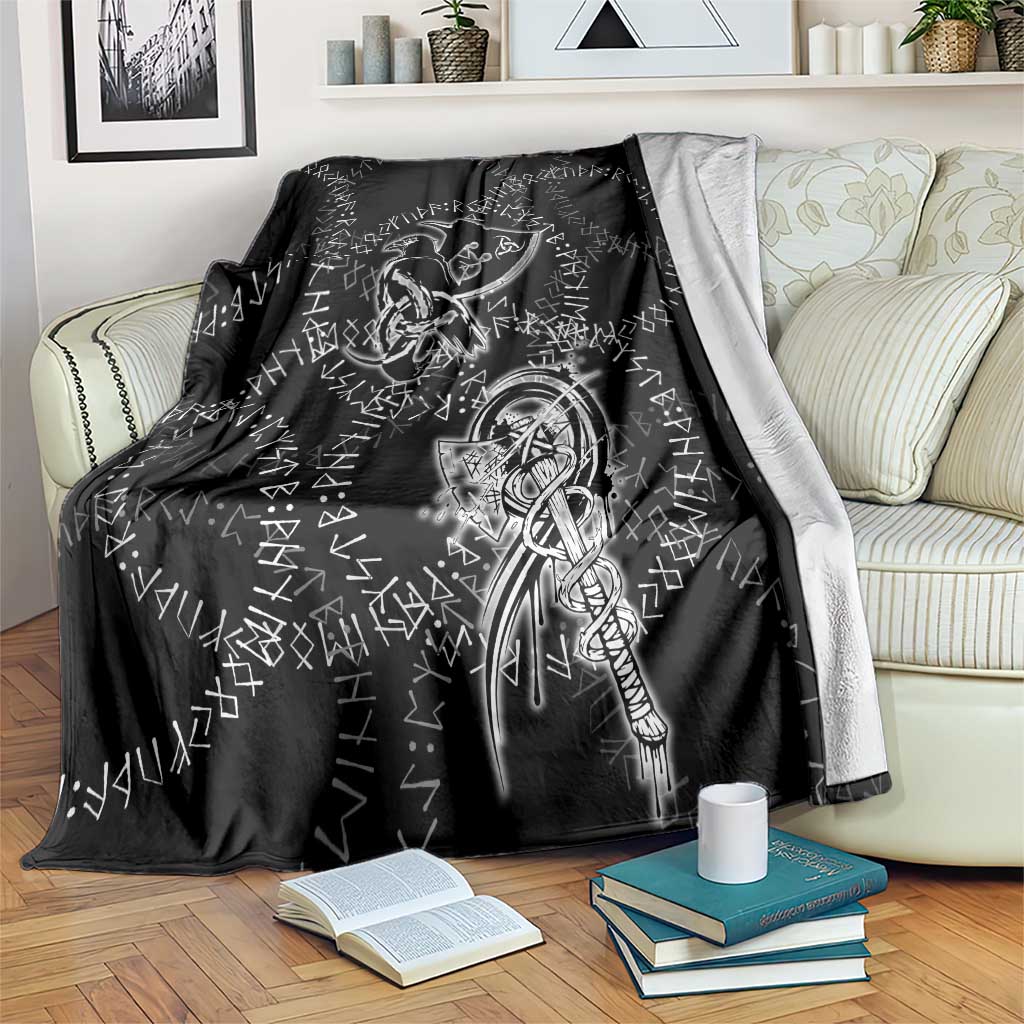 Norse Dragon and Viking Axe Blanket Monochrome Runic Line Art Illustration