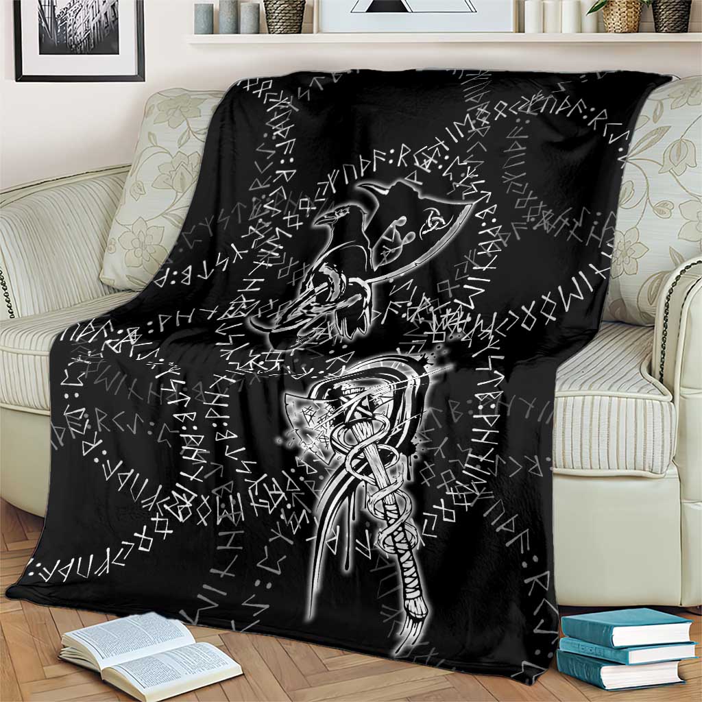 Norse Dragon and Viking Axe Blanket Monochrome Runic Line Art Illustration