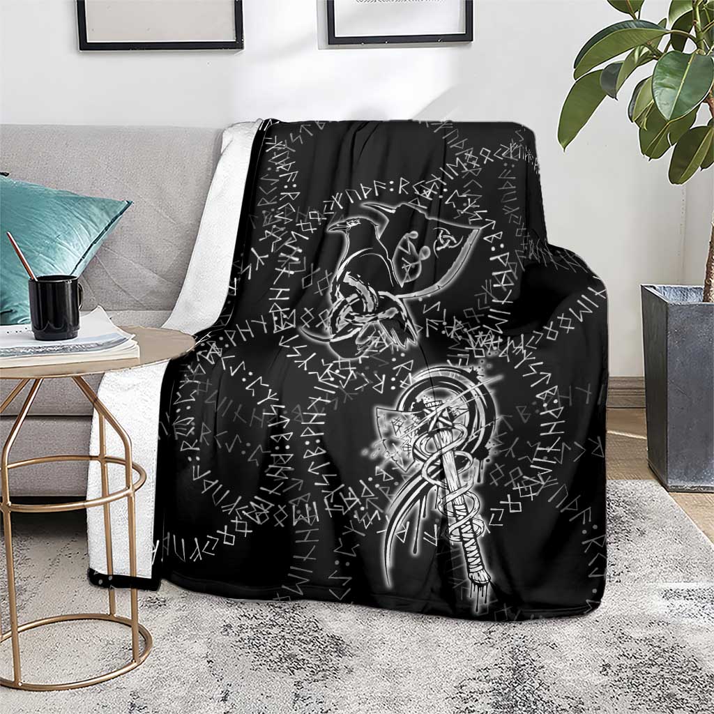 Norse Dragon and Viking Axe Blanket Monochrome Runic Line Art Illustration