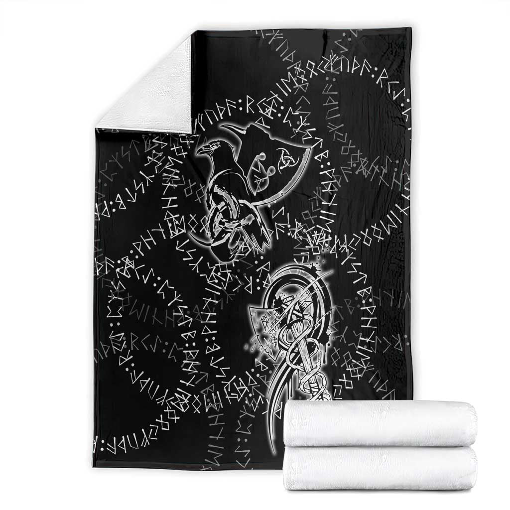 Norse Dragon and Viking Axe Blanket Monochrome Runic Line Art Illustration
