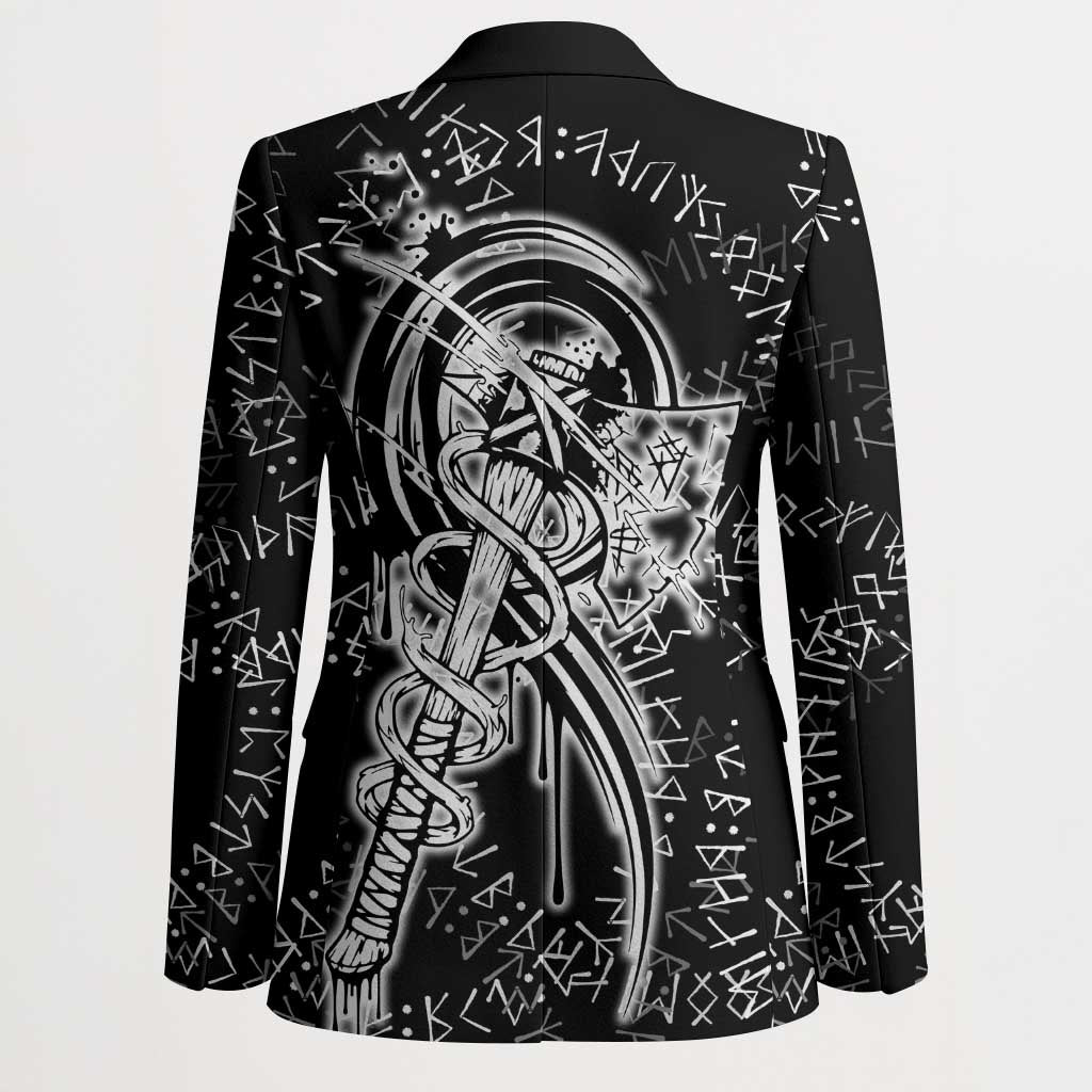 Norse Dragon and Viking Axe Blazer Monochrome Runic Line Art Illustration