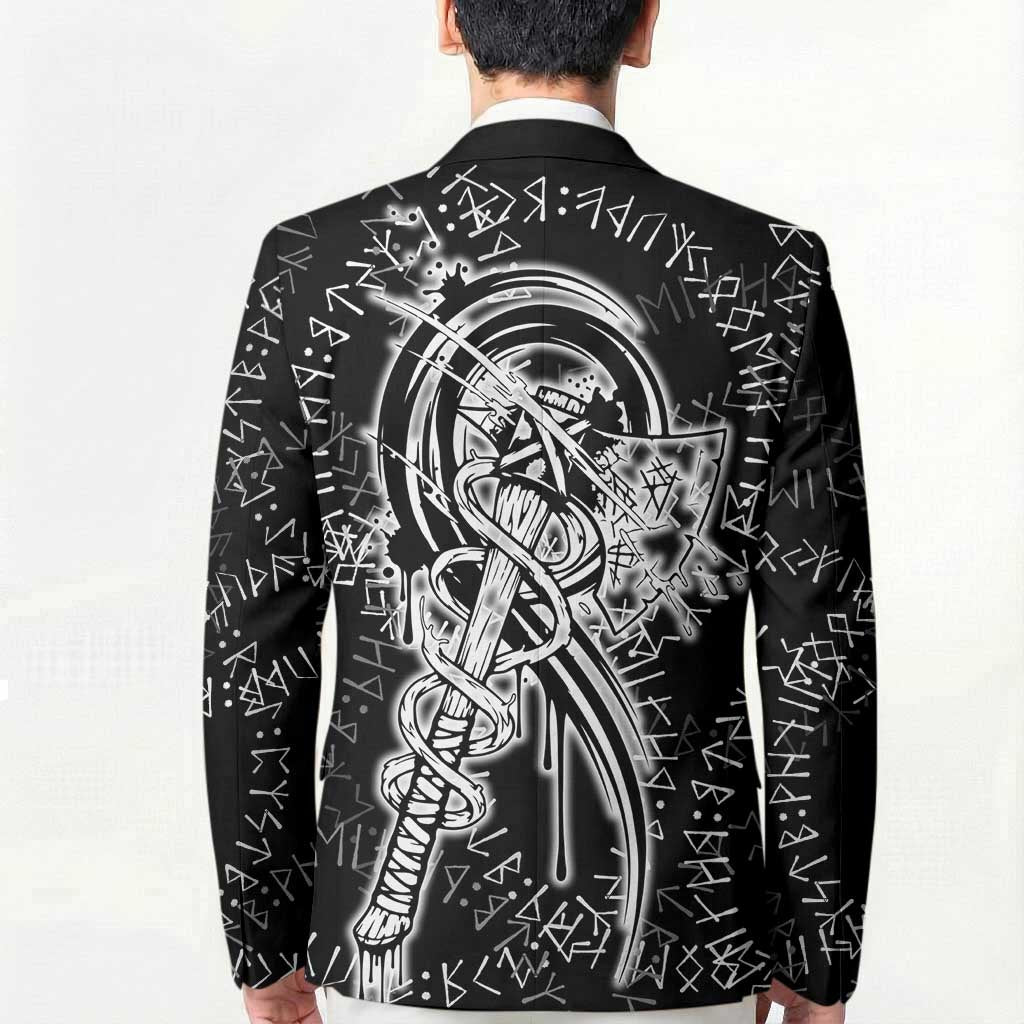 Norse Dragon and Viking Axe Blazer Monochrome Runic Line Art Illustration