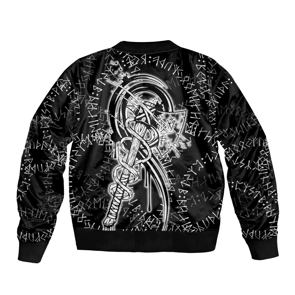 Norse Dragon and Viking Axe Bomber Jacket Monochrome Runic Line Art Illustration