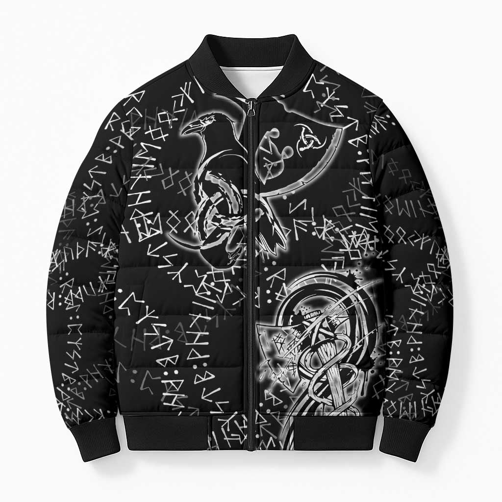 Norse Dragon and Viking Axe Bomber Puffer Jacket Monochrome Runic Line Art Illustration
