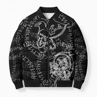 Norse Dragon and Viking Axe Bomber Puffer Jacket Monochrome Runic Line Art Illustration