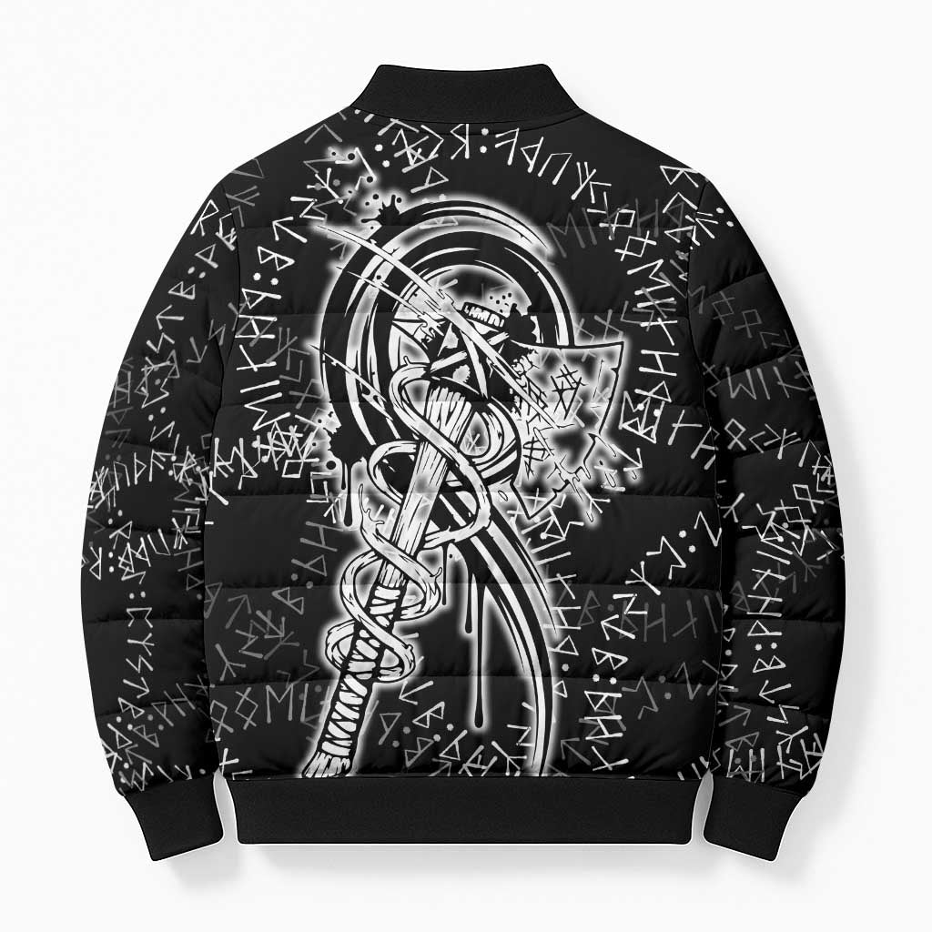 Norse Dragon and Viking Axe Bomber Puffer Jacket Monochrome Runic Line Art Illustration