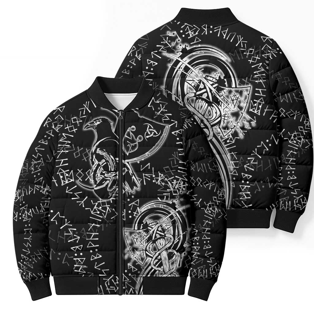 Norse Dragon and Viking Axe Bomber Puffer Jacket Monochrome Runic Line Art Illustration
