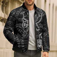 Norse Dragon and Viking Axe Bomber Puffer Jacket Monochrome Runic Line Art Illustration