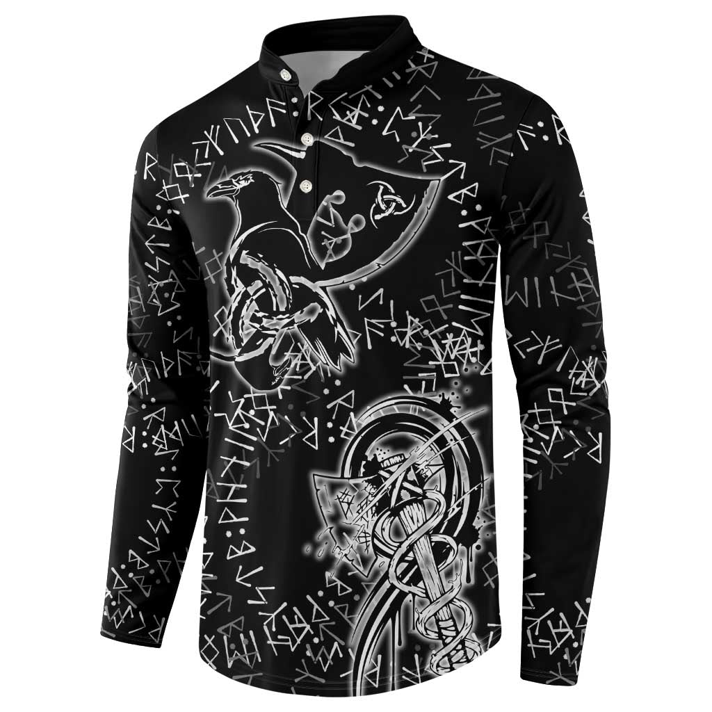 Norse Dragon and Viking Axe Button Sweatshirt Monochrome Runic Line Art Illustration