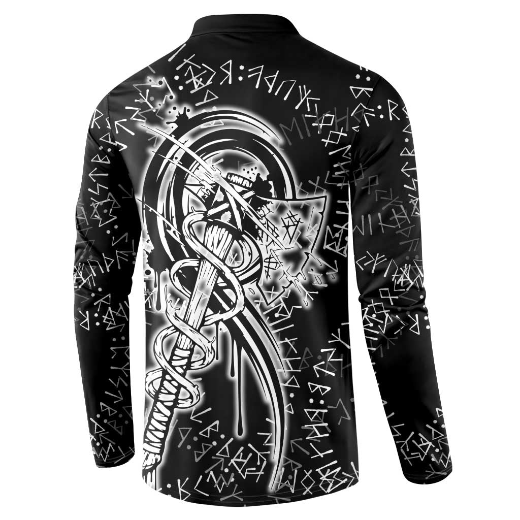 Norse Dragon and Viking Axe Button Sweatshirt Monochrome Runic Line Art Illustration