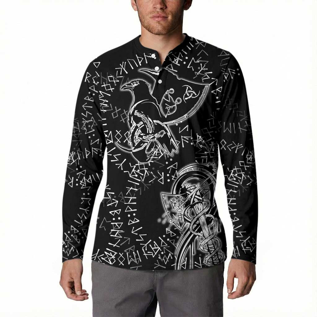Norse Dragon and Viking Axe Button Sweatshirt Monochrome Runic Line Art Illustration