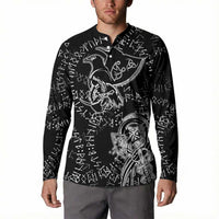 Norse Dragon and Viking Axe Button Sweatshirt Monochrome Runic Line Art Illustration