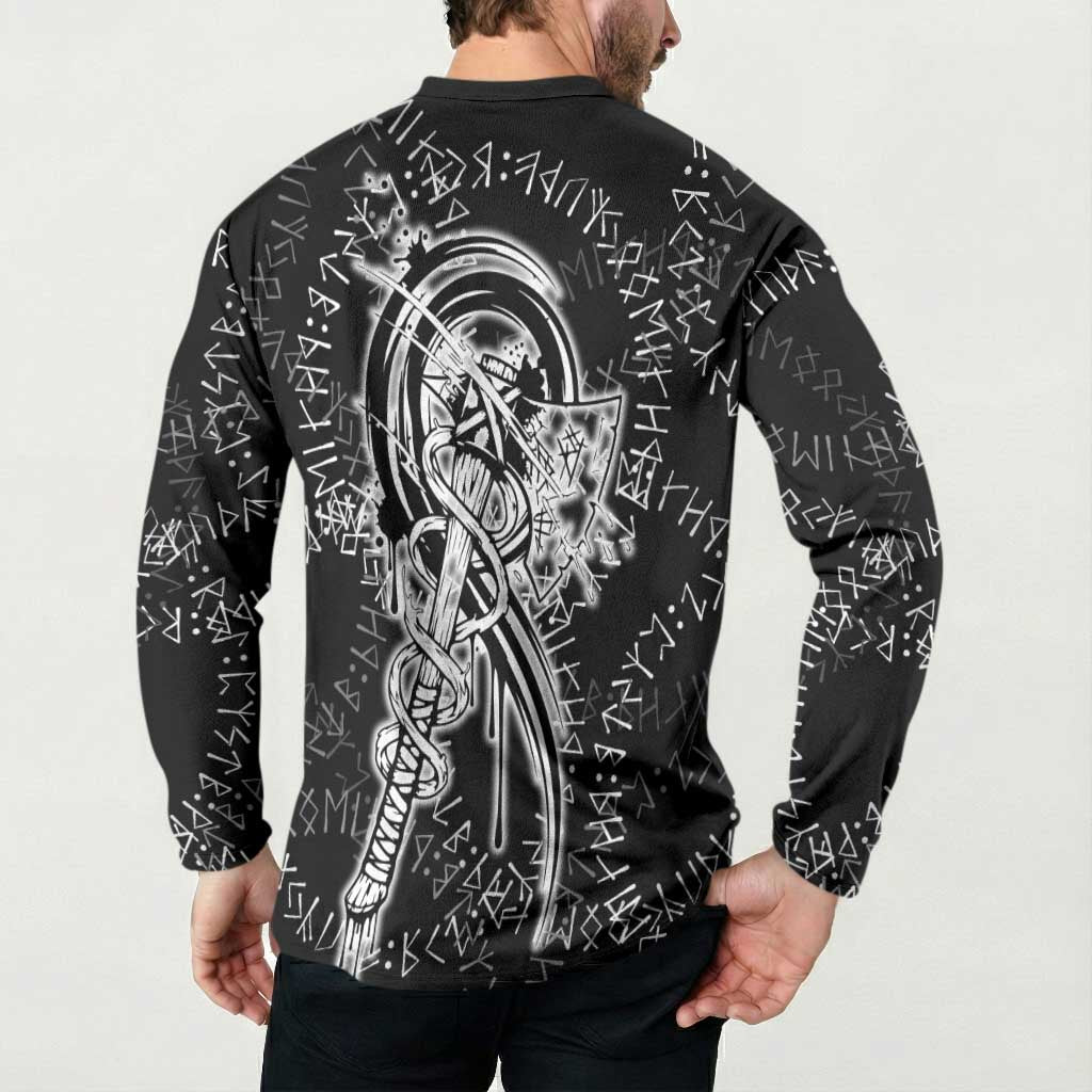 Norse Dragon and Viking Axe Button Sweatshirt Monochrome Runic Line Art Illustration