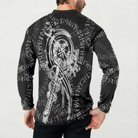 Norse Dragon and Viking Axe Button Sweatshirt Monochrome Runic Line Art Illustration