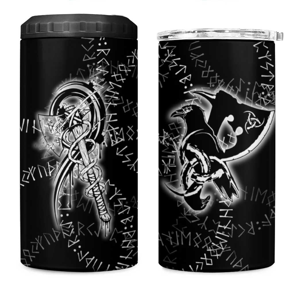 Norse Dragon and Viking Axe 4 in 1 Can Cooler Tumbler Monochrome Runic Line Art Illustration
