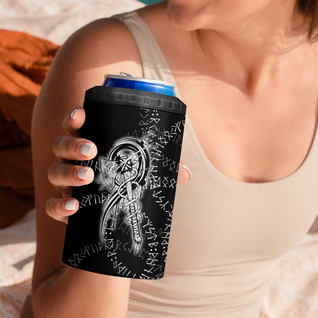 Norse Dragon and Viking Axe 4 in 1 Can Cooler Tumbler Monochrome Runic Line Art Illustration