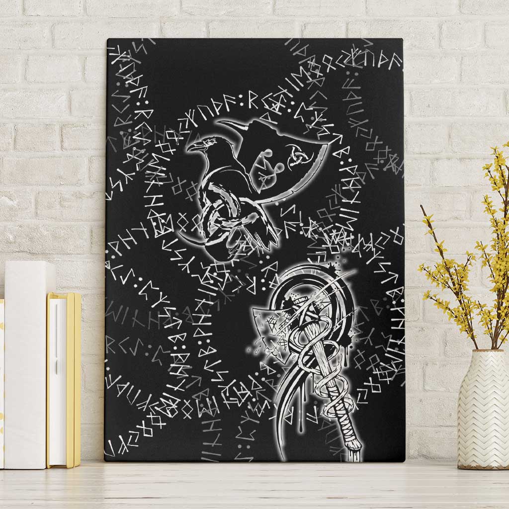 Norse Dragon and Viking Axe Canvas Wall Art Monochrome Runic Line Art Illustration
