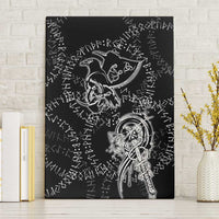 Norse Dragon and Viking Axe Canvas Wall Art Monochrome Runic Line Art Illustration