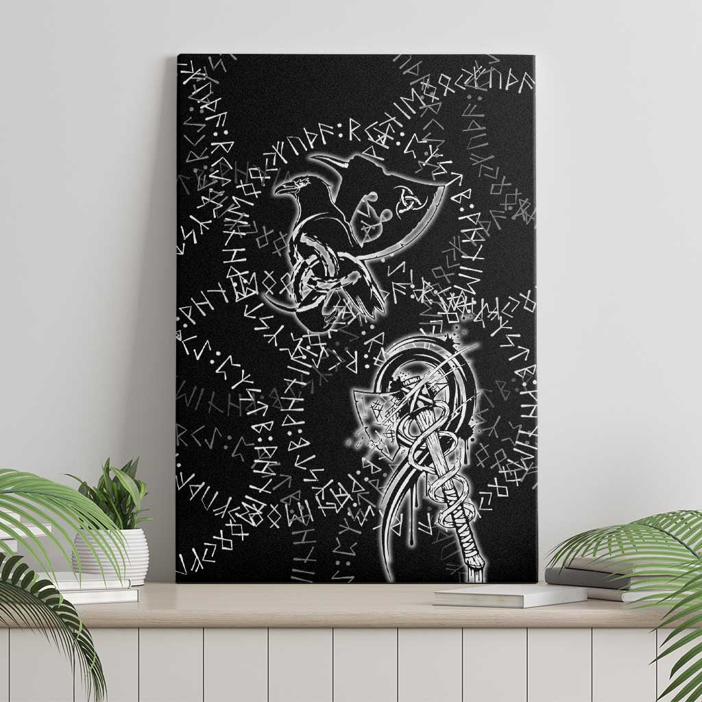 Norse Dragon and Viking Axe Canvas Wall Art Monochrome Runic Line Art Illustration