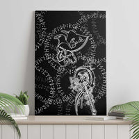 Norse Dragon and Viking Axe Canvas Wall Art Monochrome Runic Line Art Illustration