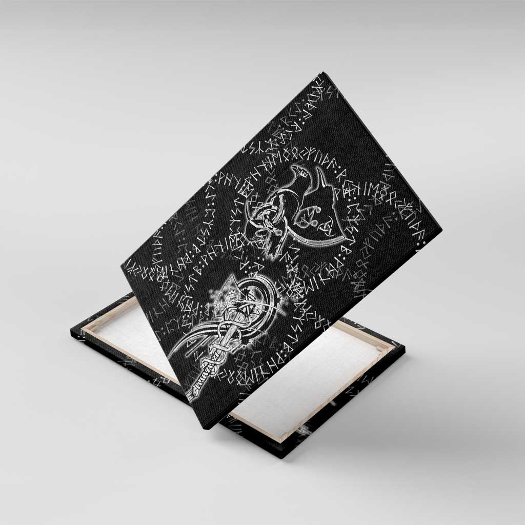 Norse Dragon and Viking Axe Canvas Wall Art Monochrome Runic Line Art Illustration