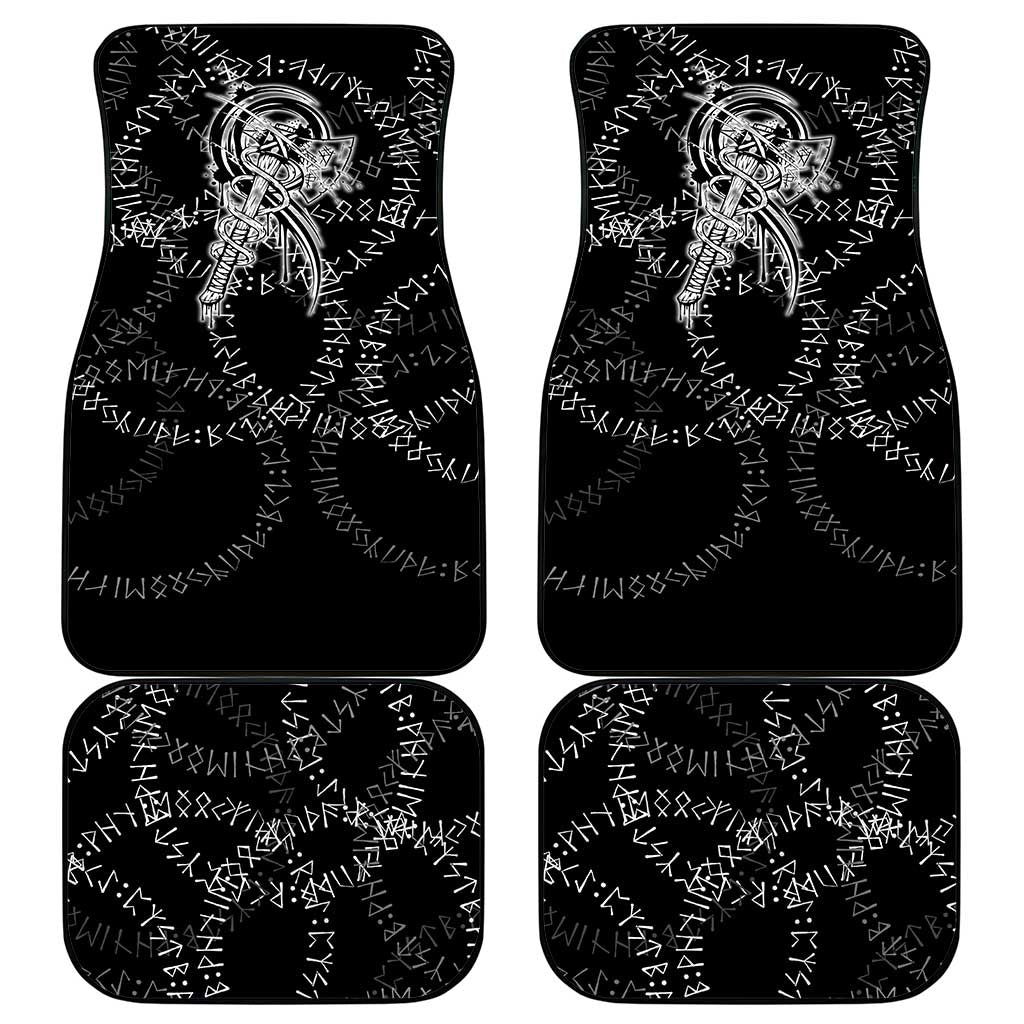 Norse Dragon and Viking Axe Car Mats Monochrome Runic Line Art Illustration