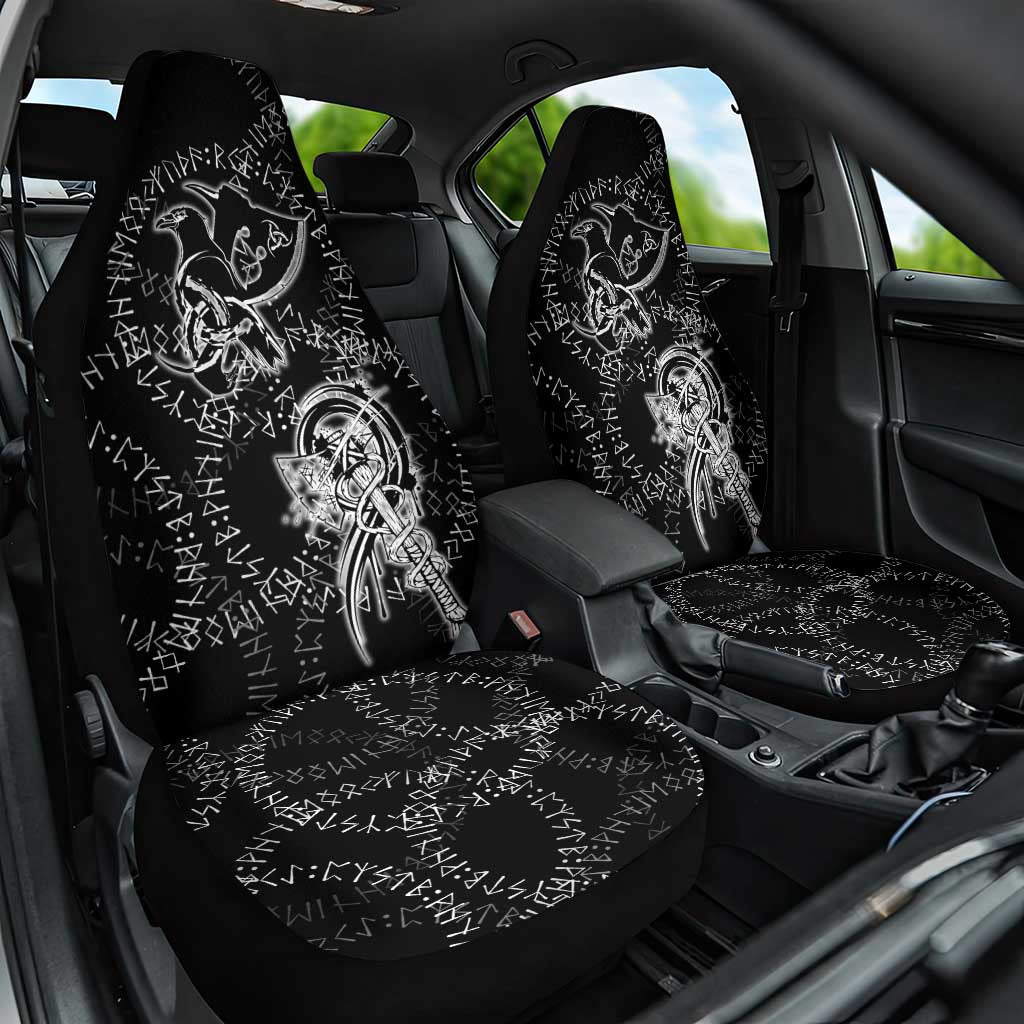 Norse Dragon and Viking Axe Car Seat Cover Monochrome Runic Line Art Illustration