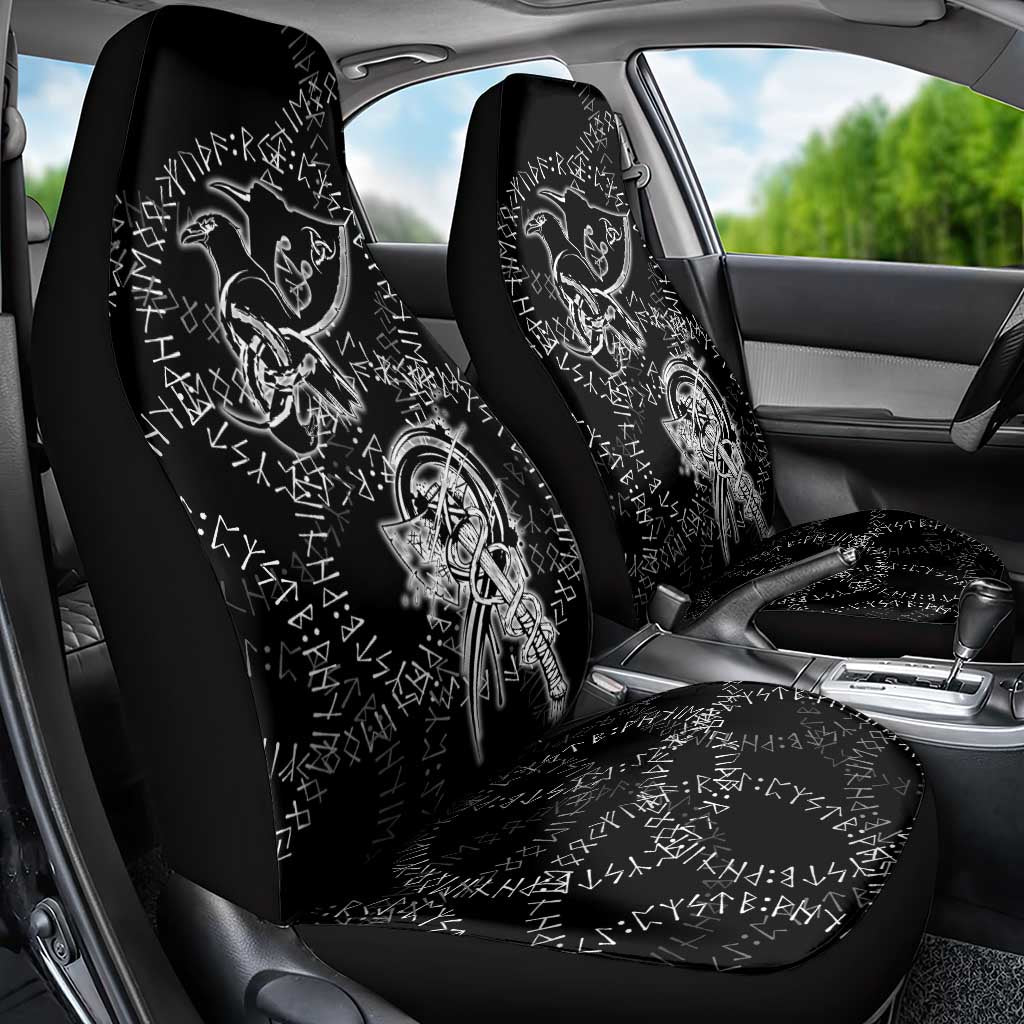 Norse Dragon and Viking Axe Car Seat Cover Monochrome Runic Line Art Illustration