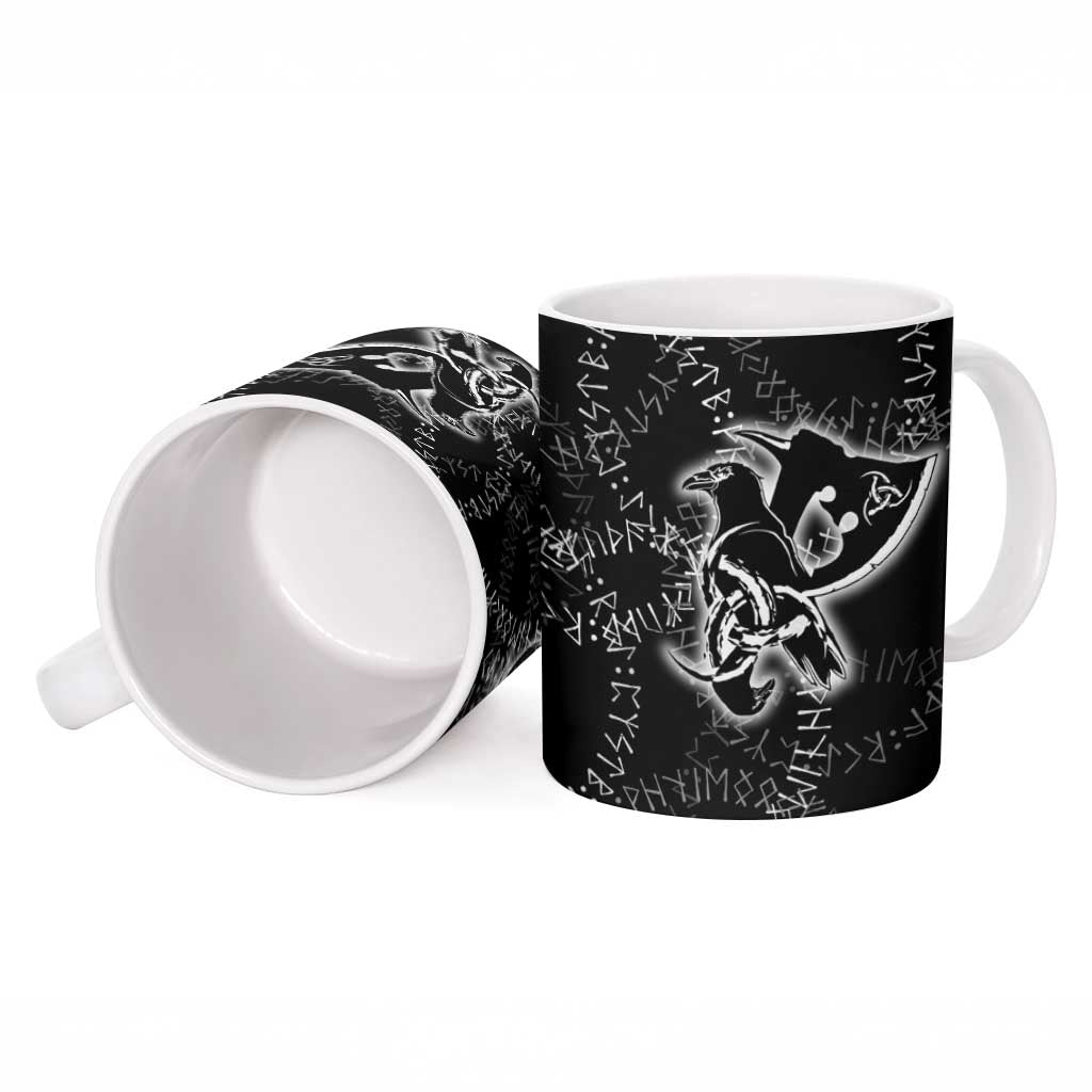 Norse Dragon and Viking Axe Ceramic Mug Monochrome Runic Line Art Illustration