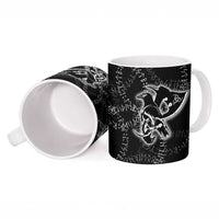 Norse Dragon and Viking Axe Ceramic Mug Monochrome Runic Line Art Illustration