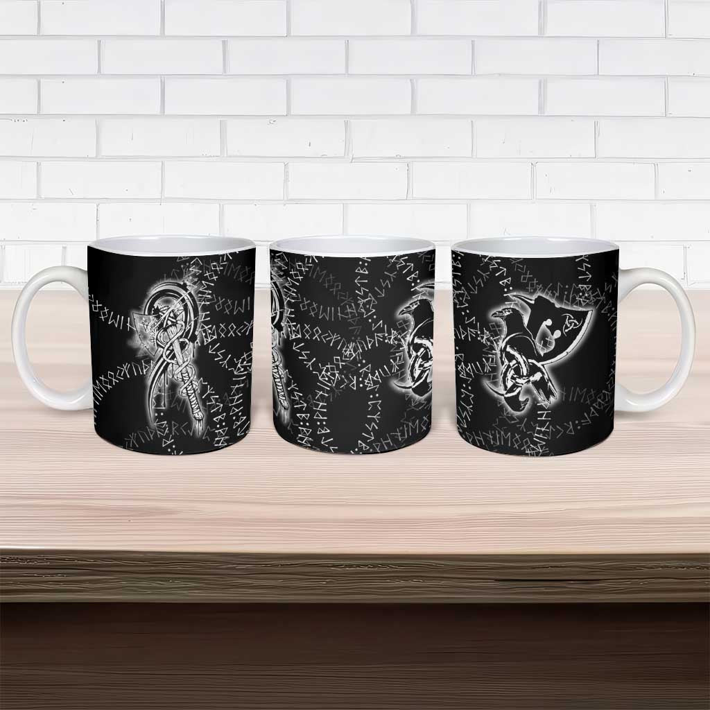 Norse Dragon and Viking Axe Ceramic Mug Monochrome Runic Line Art Illustration