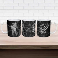 Norse Dragon and Viking Axe Ceramic Mug Monochrome Runic Line Art Illustration