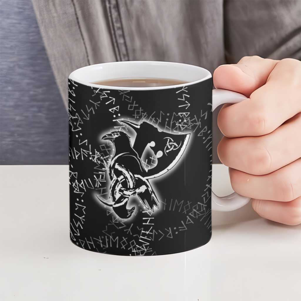 Norse Dragon and Viking Axe Ceramic Mug Monochrome Runic Line Art Illustration