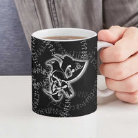 Norse Dragon and Viking Axe Ceramic Mug Monochrome Runic Line Art Illustration