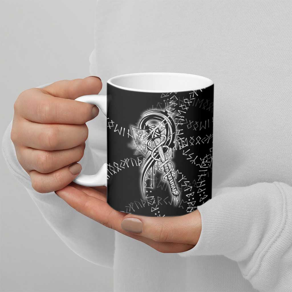 Norse Dragon and Viking Axe Ceramic Mug Monochrome Runic Line Art Illustration