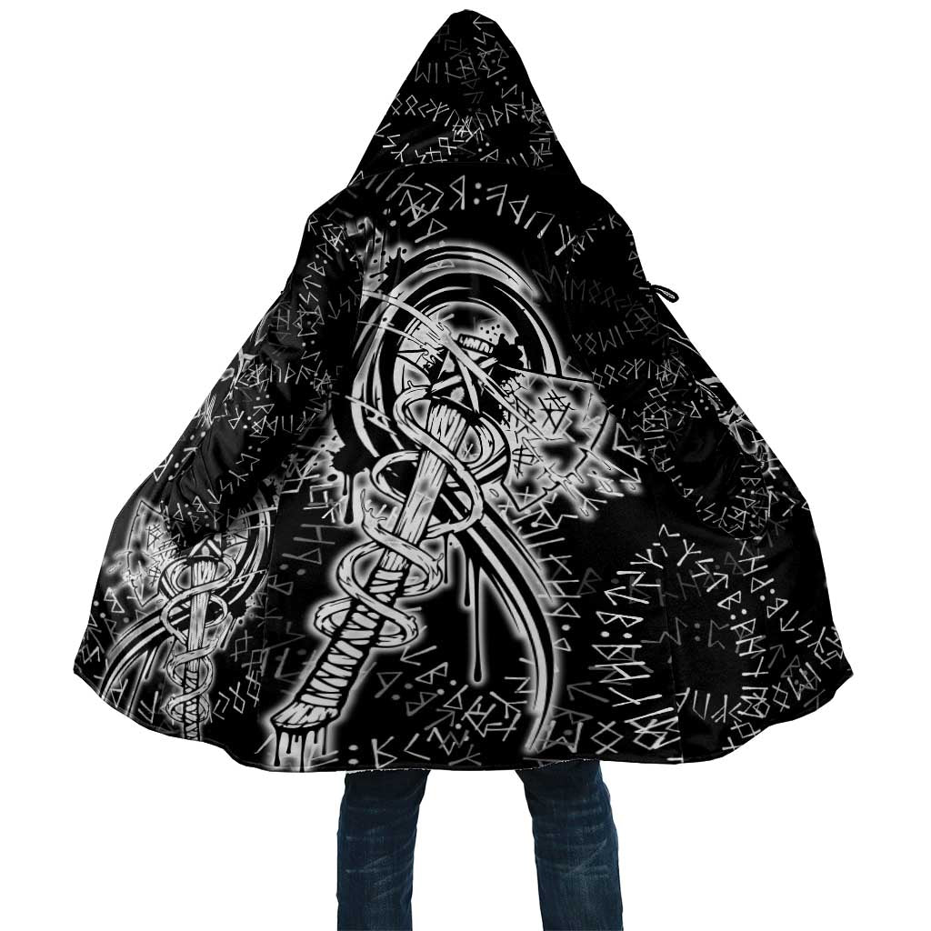 Norse Dragon and Viking Axe Cloak Monochrome Runic Line Art Illustration