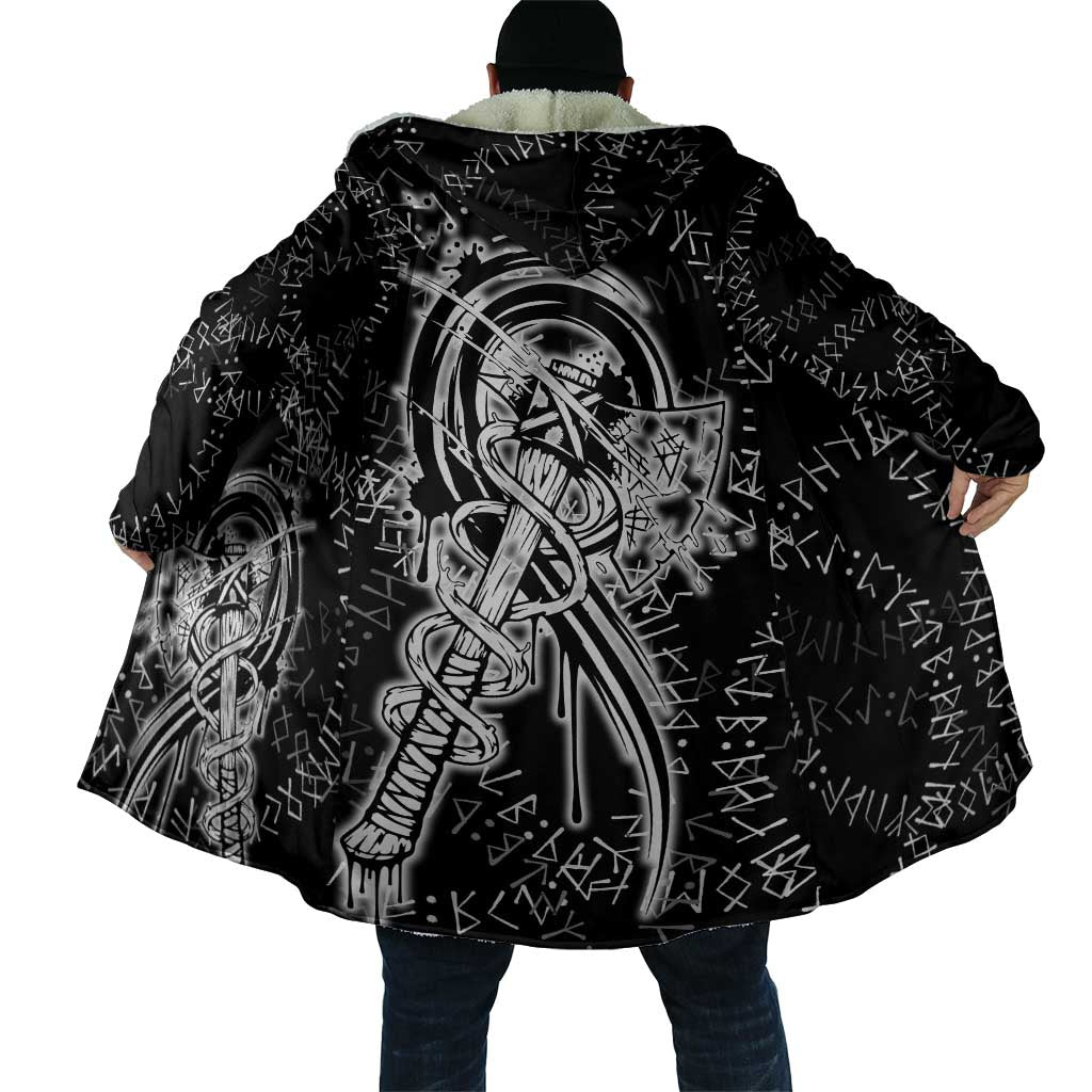 Norse Dragon and Viking Axe Cloak Monochrome Runic Line Art Illustration