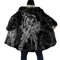 Norse Dragon and Viking Axe Cloak Monochrome Runic Line Art Illustration